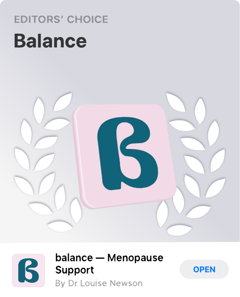 Balance app screen showing a menopause symptom tracker and journal entries.