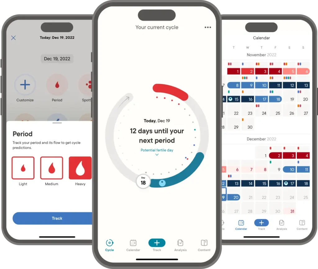 Clue app interface showing symptom tracking options for menopause.