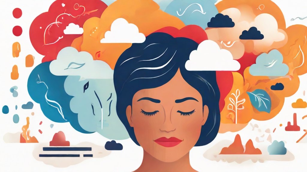 A middle-aged woman experiencing menopause, with a cloudy brain symbolizing mental fog, mood swings represented by emotional icons (happy, sad, anxious), and a serene background reflecting mindfulness and meditation.